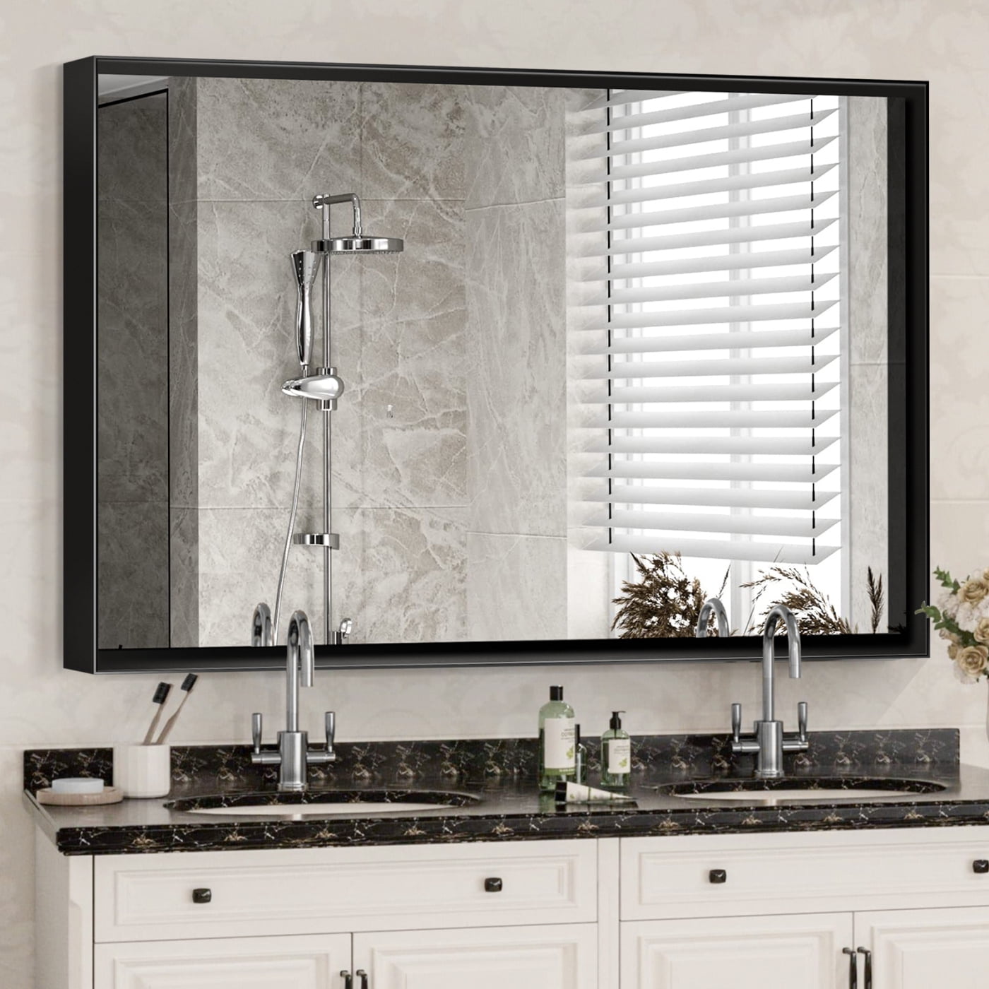 40x30 Inch Metal Black Frame Mirror for Bathroom, Brushed Rectangular ...