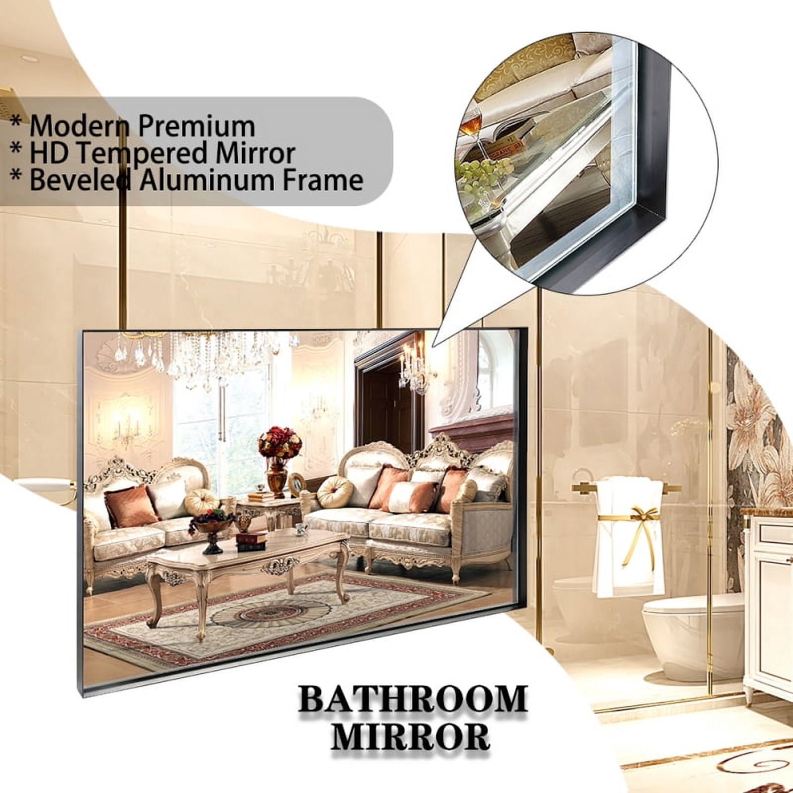 40x30 Inch Metal Framed Bathroom Mirror - Glossy Black, Rectangle ...