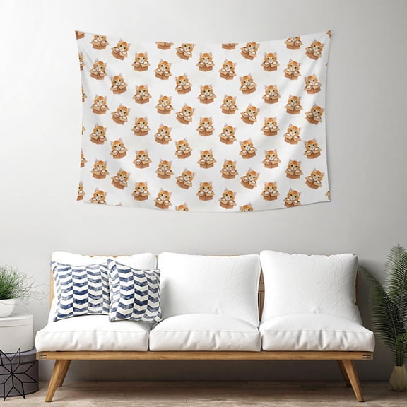 40x30 Inch Rectangle Wall Tapestry for Indoor & Outdoor, Living Room, Bedroom, Teen Room,Cat Box Orange White Pattern