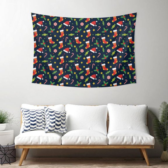 40x30 Inch Rectangle Wall Tapestry for Indoor & Outdoor, Living Room, Bedroom, Teen Room,Christmas Stocking Candy Dark Blue Pattern