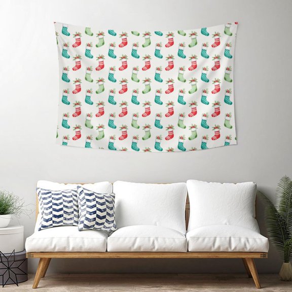 40x30 Inch Rectangle Wall Tapestry for Indoor & Outdoor, Living Room, Bedroom, Teen Room,Christmas Stocking Holly White Pattern