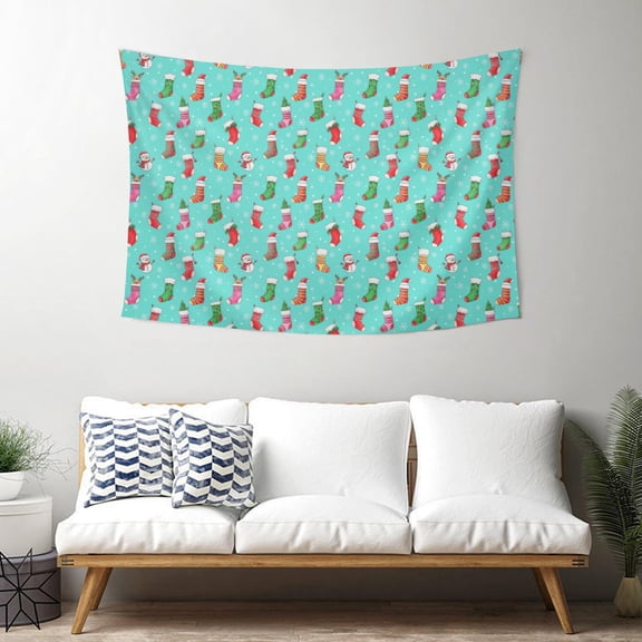 40x30 Inch Rectangle Wall Tapestry for Indoor & Outdoor, Living Room, Bedroom, Teen Room,Christmas Stocking Snowman Teal Pattern