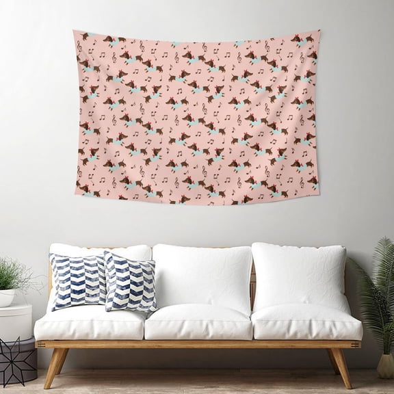 40x30 Inch Rectangle Wall Tapestry for Indoor & Outdoor, Living Room, Bedroom, Teen Room,Dachshund Music Note Pink Pattern