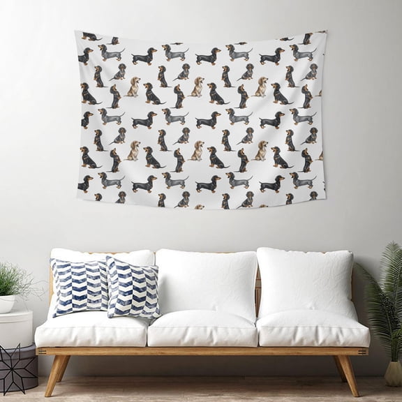40x30 Inch Rectangle Wall Tapestry for Indoor & Outdoor, Living Room, Bedroom, Teen Room,Dachshund Variety White Pattern