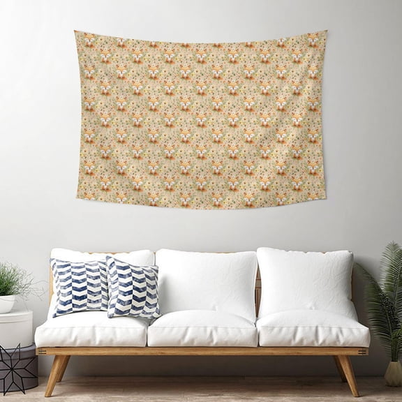 40x30 Inch Rectangle Wall Tapestry for Indoor & Outdoor, Living Room, Bedroom, Teen Room,Fox Floral Crown Beige Pattern