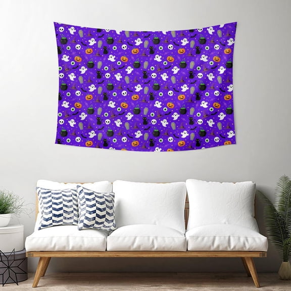 40x30 Inch Rectangle Wall Tapestry for Indoor & Outdoor, Living Room, Bedroom, Teen Room,Halloween Ghost Pumpkin Cauldron Witch Hat Purple Pattern