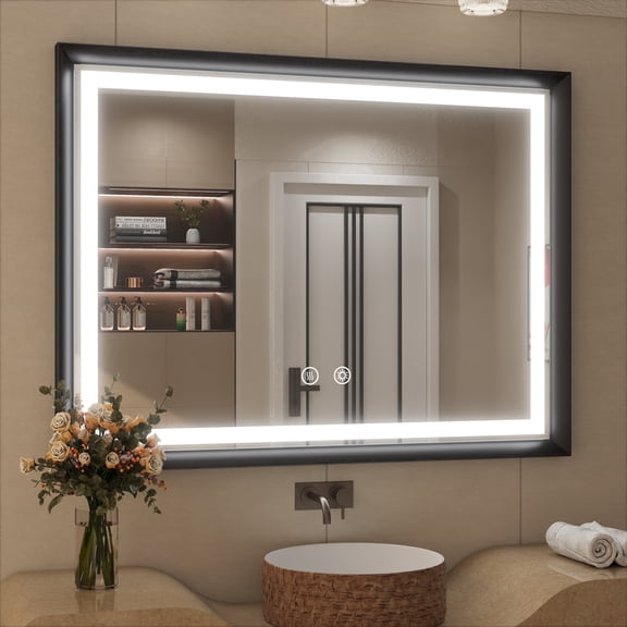JSneijder 40x30 inch LED Bathroom Mirror with Lights, Black Frame Lighted Bathroom Vanity Mirror, Wall Mounted, 6000K, Dimmable, Anti-Fog, Horizontal/Vertical