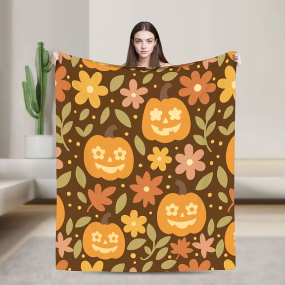 40x30 inches Cute Fall Blanket for Couch Soft Cozy Warm Flannel Blanket Comforter Lightweight Fleece Throw Blanket Gift for Women Cottagecore Decor for Bedroom Living Room Dormitory, Brown, Pumpkin