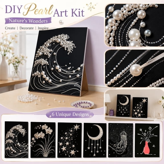 40x30cm DIY Pearl Art Kit Nature Wonders 3D Rhinestone Ocean Wave Wall Decor Framed Handmade Crystal Shooting Star Crescent Moon Craft Set for Home Living Room Bedroom Decoration