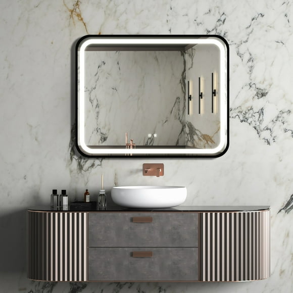 40x32 Inch Bathroom LED Vanity Mirror with High Lumen, Black Metal Frame, Dimmable Touch Control, Wall Switch, Anti-Fog, CRI 95 Adjustable 3000K-4500K-6000K, IP54 Waterproof, Energy Saving