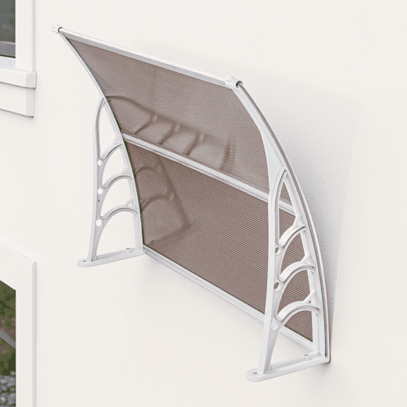 40x32 Inch Door Window Awning with ABS Brackets and Polycarbonate Panel, Brown Board White Frame