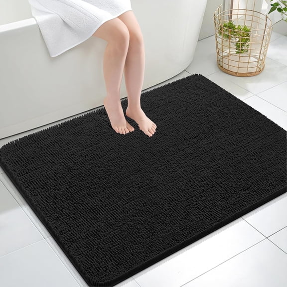 40x32 Large Chenille Bath Rug, Black Soft Plush Absorbent Bath Mat, Quick Dry Fade Resistant with TP Rubber Backing, Machine Washable Floor Rug for Bathroom Tub Shower