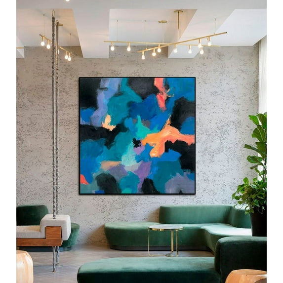 40x40" Original Abstract Blue Painting Modern Wall Art Canvas Large Oil Painting Colorful Acrylic Artwork for Living Room Decor