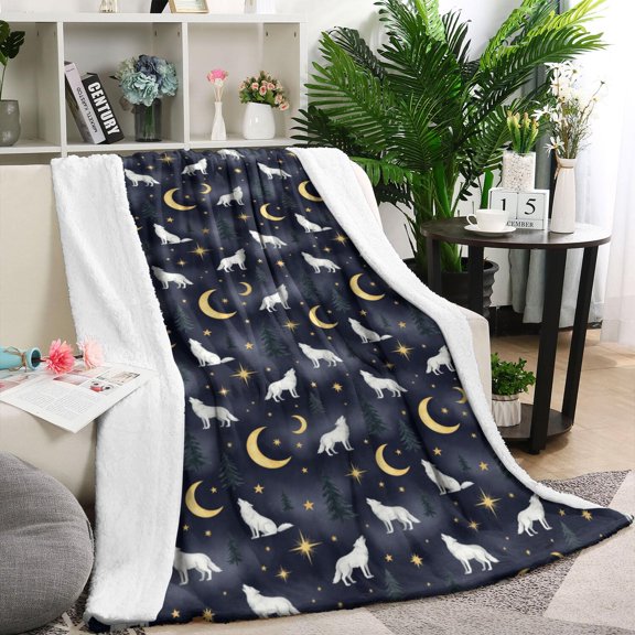 40x50 Inch Flannel Fleece Blanket for Men, Women & Kids, Soft, Lightweight, All-Season,Wolf Celestial Forest Starry Dark Blue Pattern