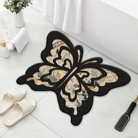 40x60cm Butterfly Bath Mats, Soft Thin Bathroom Rugs, Vintage Themed Diatomite Non-slip Mat, Bathroom Irregular Shape Floor Mat, Quick Dry Water-Absorbing Floor Mat for Sink Area