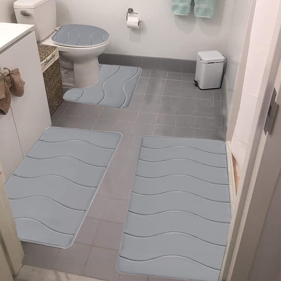 Velvet Fleece Foam Bath Mat 4-Piece Set - Non-Slip Rubber Backing, Machine Washable Bathroom Rugs Gray