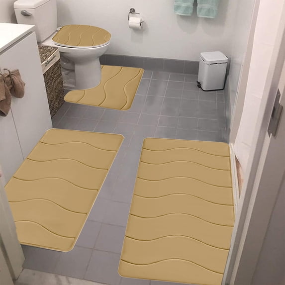 Velvet Fleece Foam Bath Mat 4-Piece Set - Non-Slip Rubber Backing, Machine Washable Bathroom Rugs Khaki