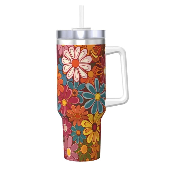 40zo Ice Bar Cup With Handle Double Insulation Large Capacity Rust Prevention For Daily Travel And Other Scenes Colorful Floral Pattern Groovy Flowers (2)