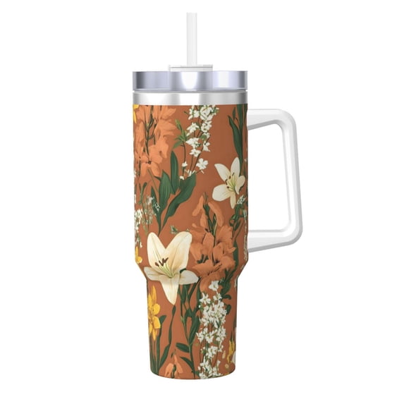 40zo Ice Bar Cup With Handle Double Insulation Large Capacity Rust Prevention For Daily Travel And Other Scenes Yellow Background With Flowers