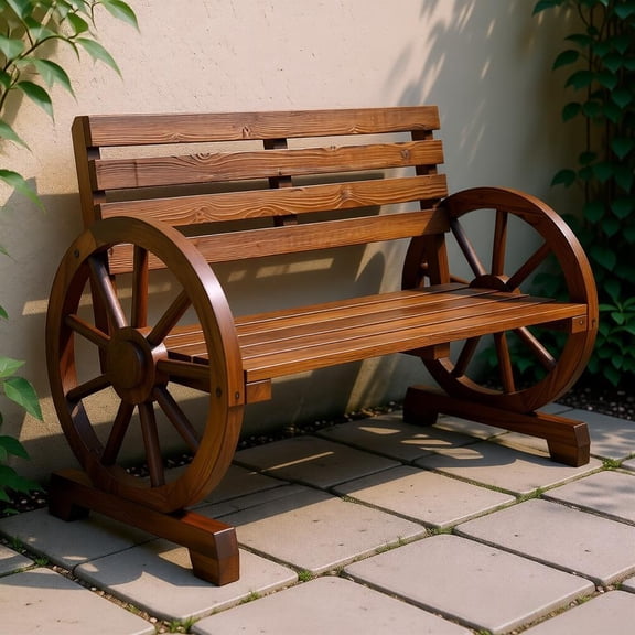 41.1in Rustic Wooden Wagon Wheel Bench for 2 Persons Outdoor Solid Fir Wood Slatted Seat Backrest Dark Brown Finish Patio Garden Porch Deck Yard Decorative Seating with Unique Armrest Design