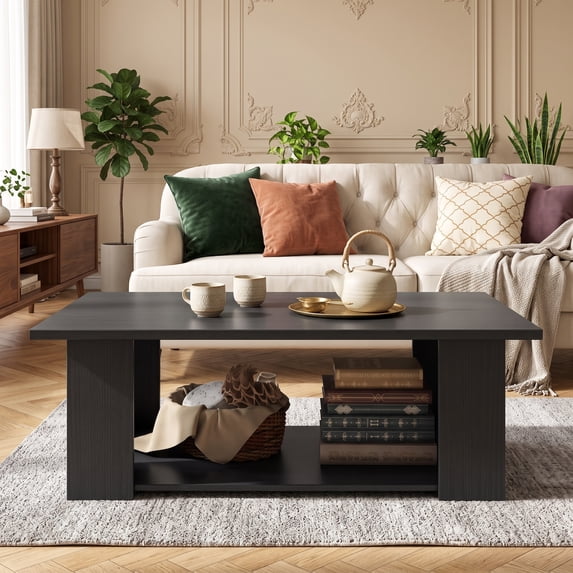 41" 2-tier Wooden Modern Coffee Table with Storage Shelf, Rectangle Accent Center Table for Living Room,Black