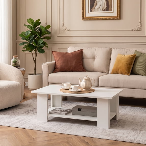 41" 2-tier Wooden Modern Coffee Table with Storage Shelf, Rectangle Accent Center Table for Living Room,White