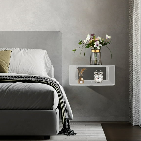 2Tiers Modern Clear Acrylic Wall-Mounted Bedside Table Rectangular Floating Nightstand Clear for Offices
