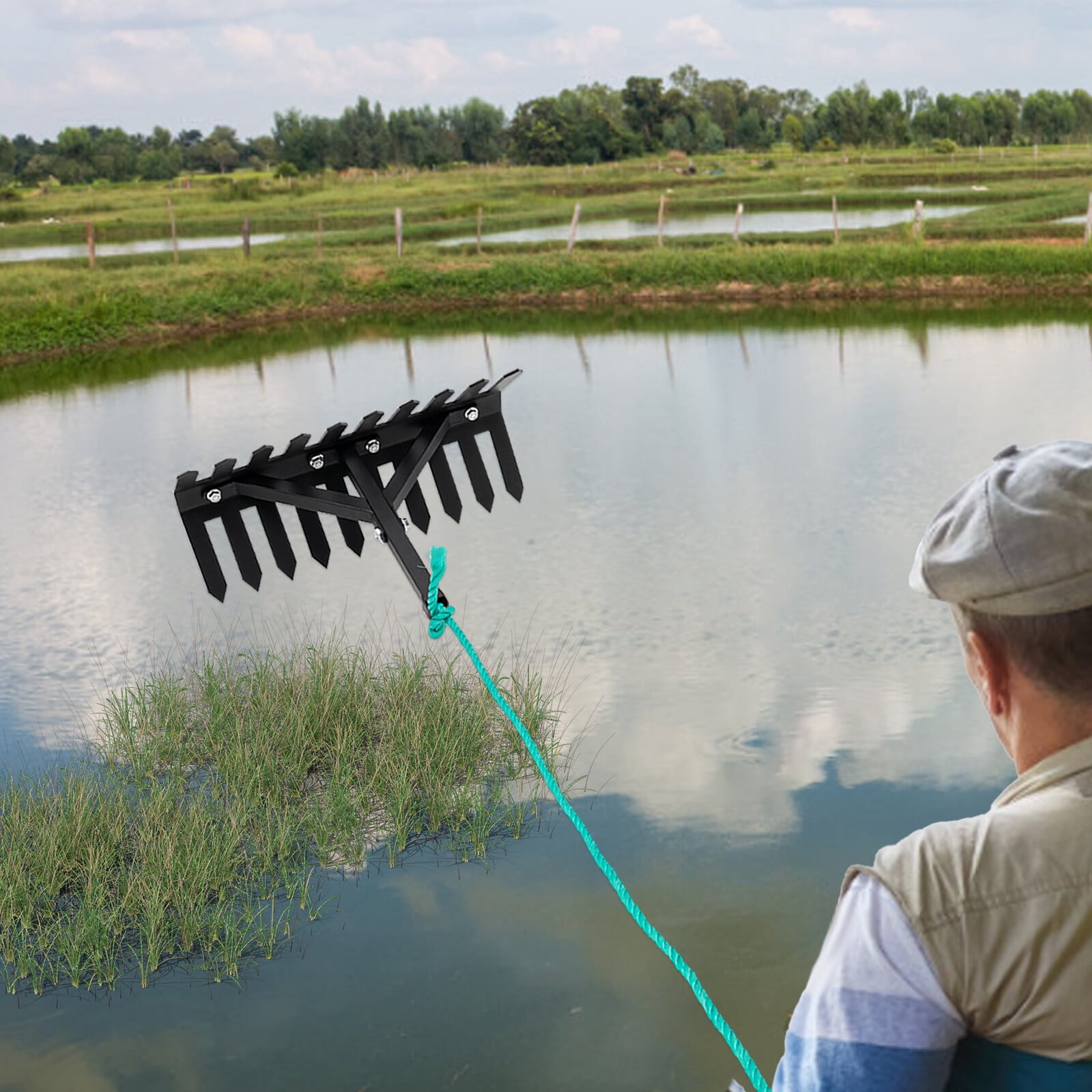 41*28.5*20cm Lake/Pond Rake Double Sided Weed Rake with 20m Rope Weed ...