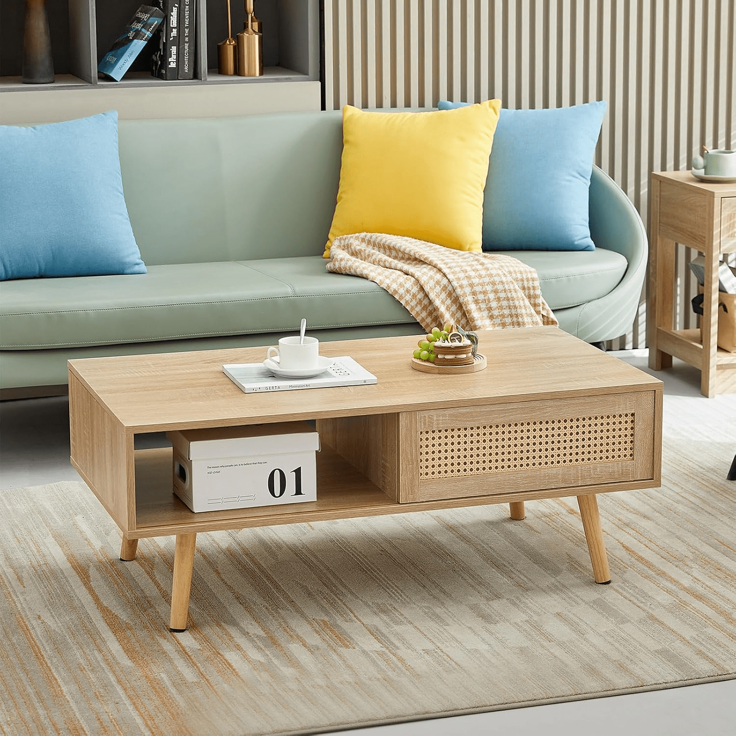 41.3" Boho Coffee Table with Sliding Door Storage Rattan Coffee Table ...