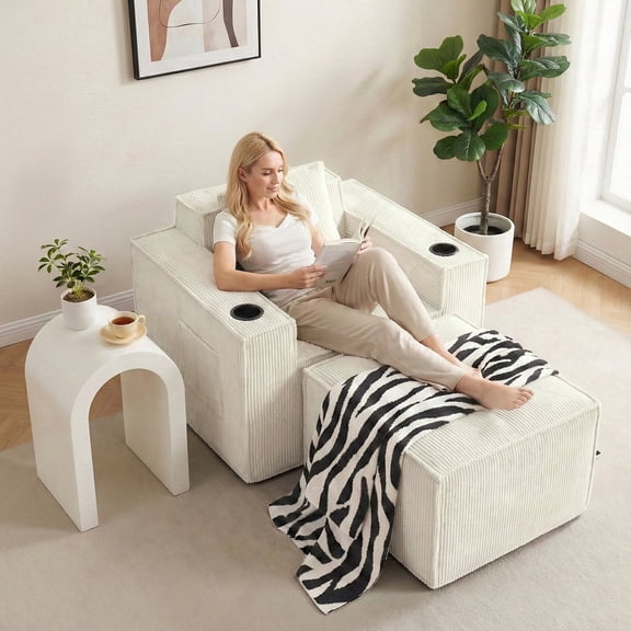 41.3" Cloud Single Sofa, Boneless Chaise Lounge Chair with Ottoman, Corduroy Fabric, 2 Cup Holders, Side Storage Pockets, No Assembly, White