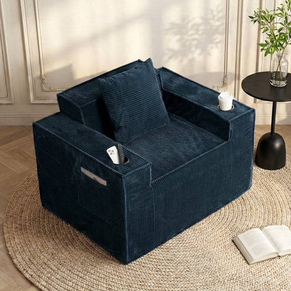 41.3" Boneless Corduroy Cloud Sofa, Lounge Chair for Living Room, with 2 Cup Holders & Side Pockets, No Assembly Required, Gray