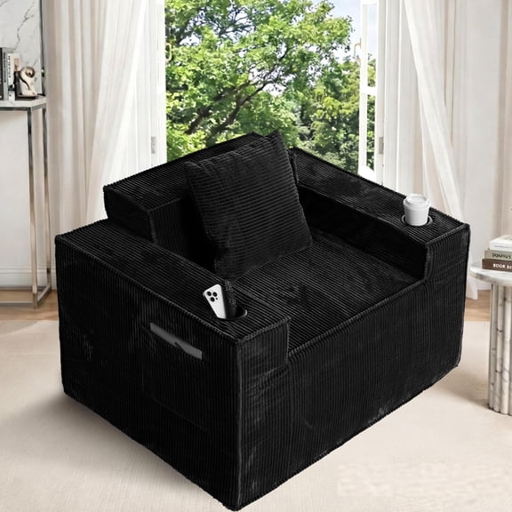 41.3" Corduroy Single Sofa, Single Cloud Sofa, Cloud Couch Chair, Black Newly Added Thickened Seat Height Sofa for Livimg Room, 2 Cup Holders, Side Pockets
