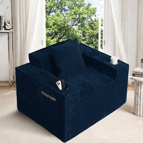 41.3" Corduroy Single Sofa, Single Cloud Sofa, Cloud Couch Chair, Blue Newly Added Thickened Seat Height Sofa for Livimg Room, 2 Cup Holders, Side Pockets