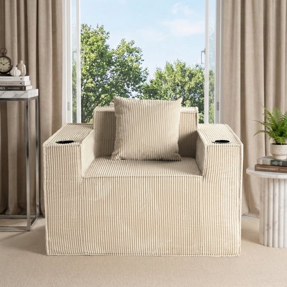 41.3" Corduroy Single Sofa, Single Cloud Sofa, Cloud Couch Chair, Khaki Newly Added Thickened Seat Height Sofa for Livimg Room, 2 Cup Holders, Side Pockets