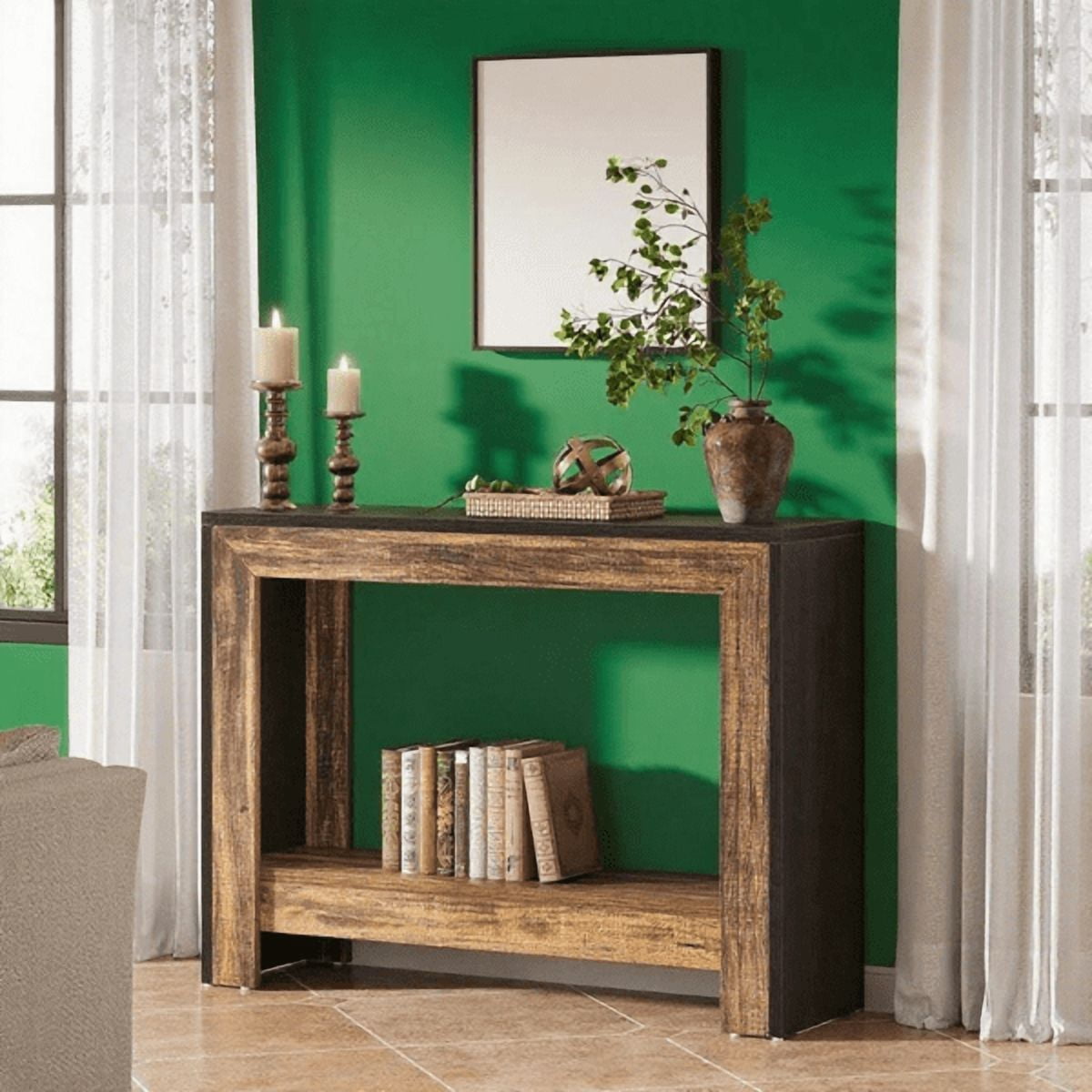 41.3" Farmhouse Console Table - Black Finish with Brown Accents, E1 Particleboard, Open Lower Shelf, Versatile for Entryway, Hallway, Living Room, Behind Couch