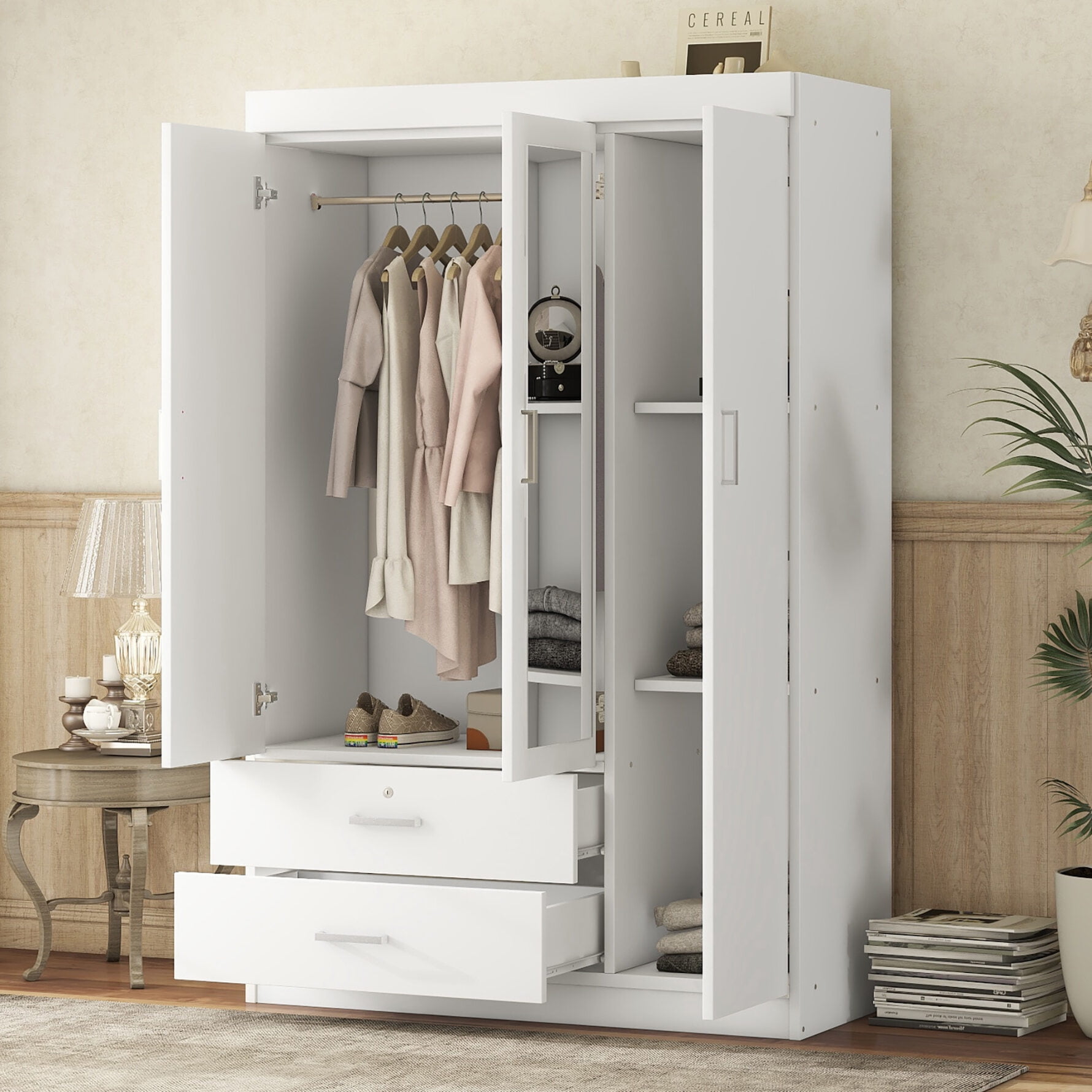 41.3 Inch Closet Wardrobe with Mirror 3 Door Wardrobe Cabinet with Lockable Drawer Armoire with Shelves for Office Home White