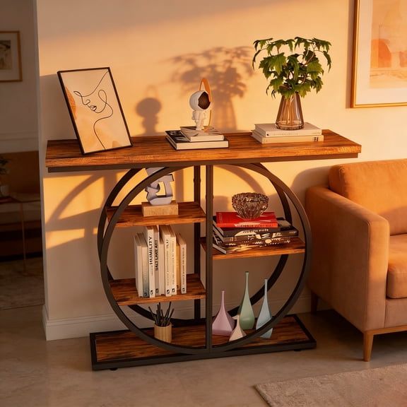41.3 Inch Console Table for Entryway, Narrow Sofa Table with Storage Shelves & Circle Base, Rustic Brown Accent Furniture for Hallway, Foyer, Living Room