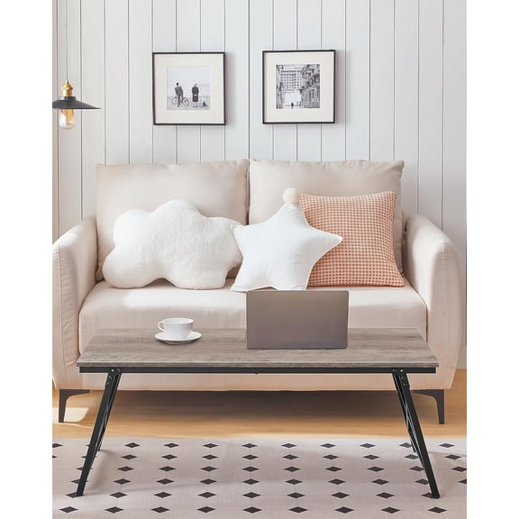 41.3 Inch Folding Coffee Table with Safety Buckles, Low Portable Floor Table for Living Room Bedroom Balcony Greige Black