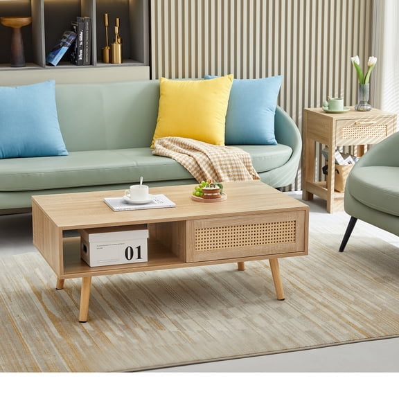 41.3 Inch Rattan Coffee Table with Sliding Storage Door, Rectangle Wooden Accent Center Sofa Table with Solid Wood Legs,Suitable for Living Room,Natural