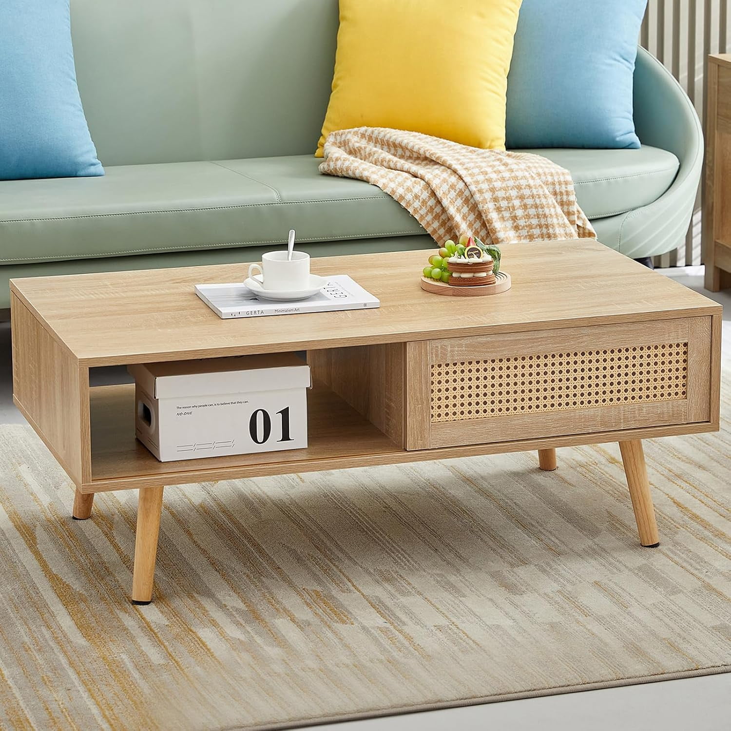 Modren Rectangular Side Table 41.3 Inch Wooden Coffee Table with Storage, Modern Rectangle Accent ...