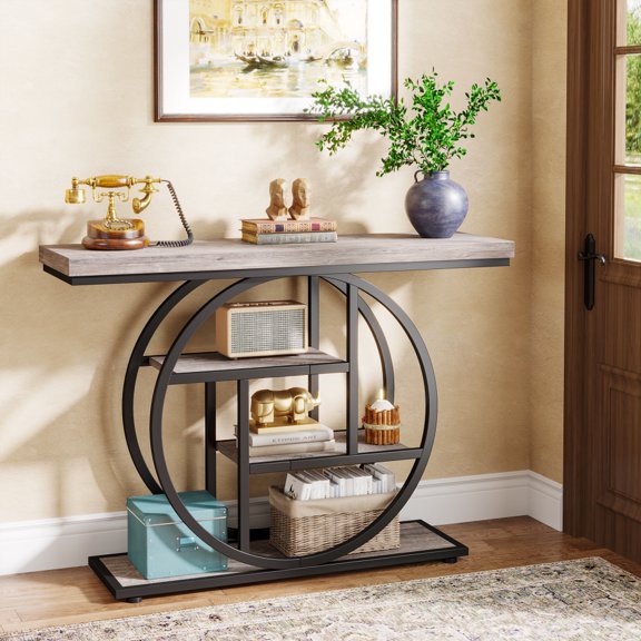 41.3" Industrial Console Table, 4-Tier Grey Sofa Table with Unique Circle Metal Frame & Storage Shelves, Narrow Entryway Accent Table