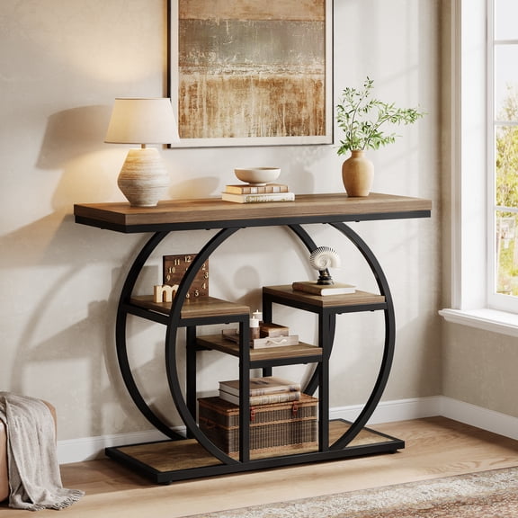 41.3" Industrial Console Table with 4-Tier Storage, Narrow Wood Sofa Table with Arched Metal Frame for Entryway, Hallway & Living Room