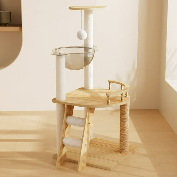 - 41.3" Modern Wooden Cat Tower, Sisal-Covered Scratching Posts & Top Perch, Acrylic Hammock for All Cats