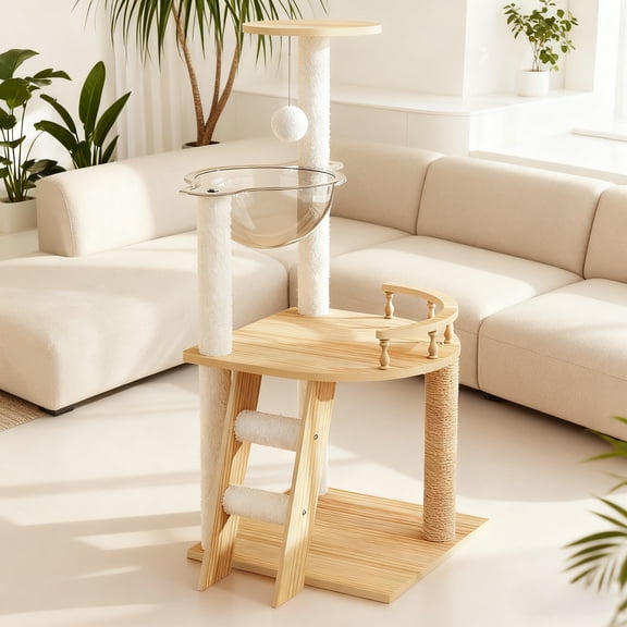 41.3'' Modern Tree Tower for Indoor Cat,Cat Tree with Sisal-Covered Scratching Posts and Top Perch with Acrylic Hammock,Natural+White