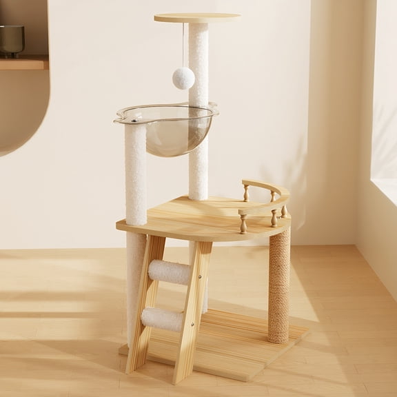 41.3" Modern Wood Cat Tower - Sisal-Covered Scratching Posts, Top Perch & Acrylic Hammock, Suitable for Small to Large Cats,Natural White