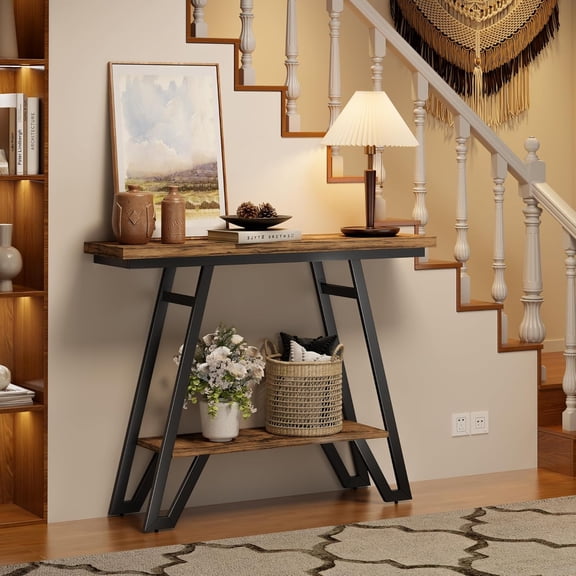 41.3" Narrow Console Table, 2-Tier Storage Entryway Table with Faux Marble Top & Metal Frame, Sofa Table Behind Couch Table Hallway Table for Entrance Foyer Living Room Bedroom, Rusitc Brown