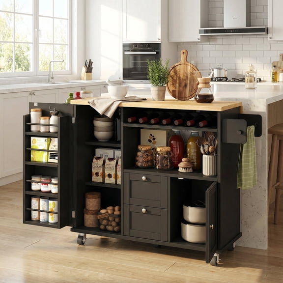 41.3'' Rolling Kitchen Island with Storage Cabinet & Drop Leaf, Kitchen Cart on Wheels, Portable Mobile Island with Wine Rack, Microwave Shelf, 2 Drawers, Spice Rack, Lockable Wheels - Black