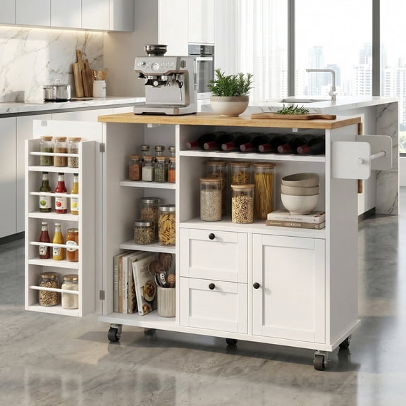 41.3'' Rolling Kitchen Island with Storage Cabinet & Drop Leaf, Kitchen Cart on Wheels, Portable Mobile Island with Wine Rack, Microwave Shelf, 2 Drawers, Spice Rack, Lockable Wheels - White