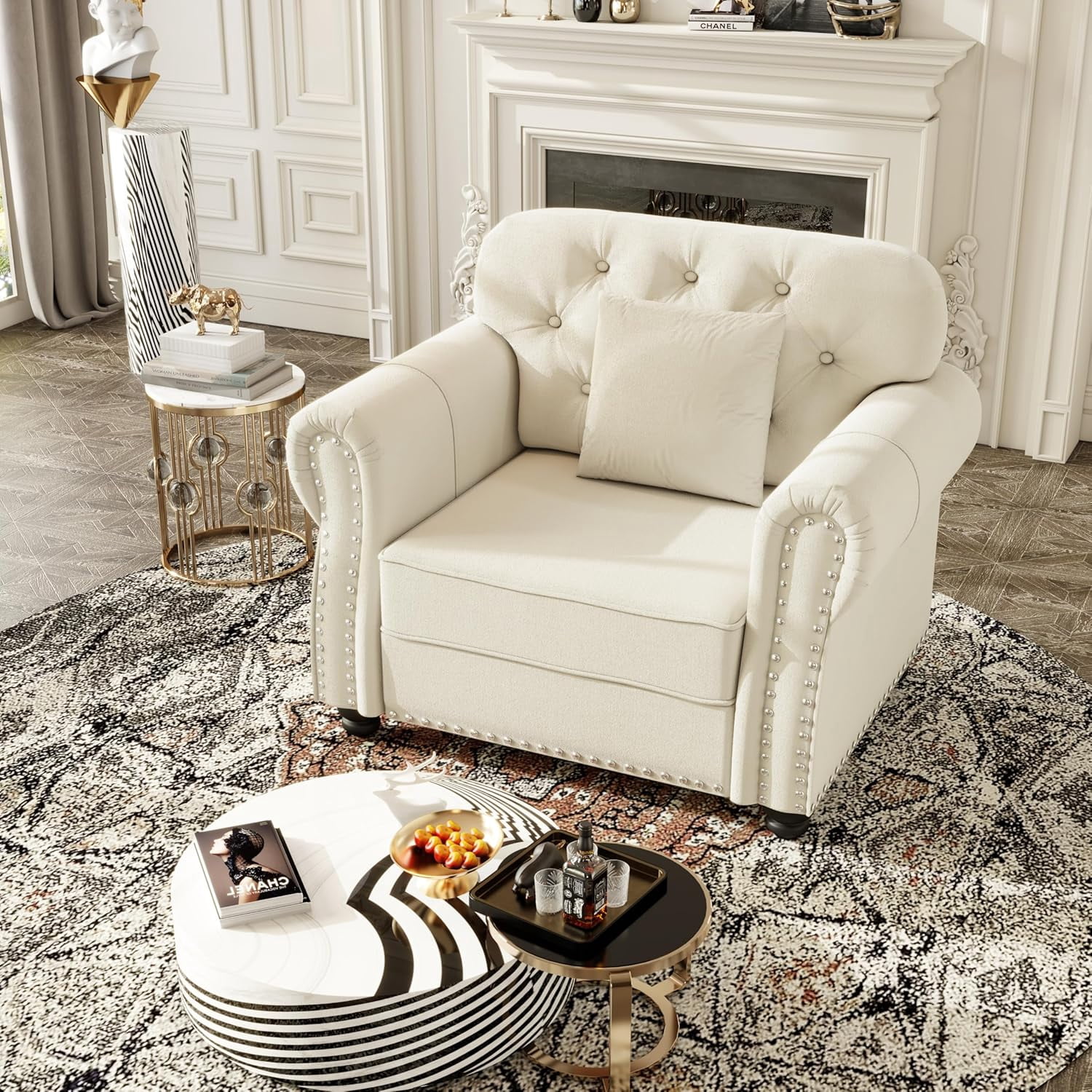 41.3'' Velvet Chesterfield Sofas, Modern Oversized Accent Chair, Single Sofa Reading Chair, Comfy Tufted Back Armchair with Pillow, Rolled Arms for Small Spaces, Living Room, Office, Beige