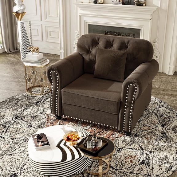 41.3'' Velvet Chesterfield Sofas, Modern Oversized Accent Chair, Single Sofa Reading Chair, Comfy Tufted Back Armchair with Pillow, Rolled Arms for Small Spaces, Living Room, Office, Brown